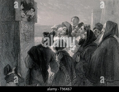 Une foule de gens réunis autour d'un stand dans la rue pour regarder un Punch and Judy show à Naples, Italie. Gravure de J. Goodyear après T. Uwins, 1834. Banque D'Images