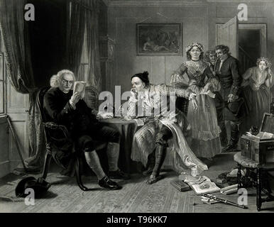 Samuel Johnson la lecture du manuscrit d'Oliver Goldsmith's ''Le vicaire de Wakefield'', tandis qu'un baliff attend avec le propriétaire. Samuel Johnson (Septembre 18, 1709 - décembre 13, 1784), souvent appelé le Dr Johnson, est un auteur anglais qui a fait des contributions durables à la littérature anglaise en tant que poète, essayiste, moraliste, critique littéraire, biographe, éditeur et lexicographe. Johnson a été une ardente Anglicane et engage les conservateurs. Il est l'objet de James Boswell, la vie de Samuel Johnson. Banque D'Images