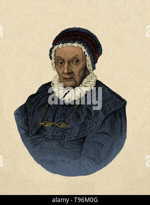 Caroline Herschel, âgé de 92 ans. Gravure crépi par Joseph Brown. Caroline Lucretia Herschel (16 mars 1750 - 9 janvier 1848) était un astronome allemand. À l'âge de 10 ans, Caroline a été frappé avec le typhus et subi une perte de vision dans l'oeil gauche à la suite de sa maladie. Sa mère a estimé qu'il était mieux pour elle de s'entraîner pour être un serviteur de la chambre plutôt que de devenir éduqué conformément aux souhaits de son père. Banque D'Images