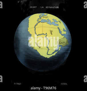 Snider-Pellegrini théorie géologique. La carte des continents avant leur séparation, tel que décrit en 1858 par le géographe français Antonio Snider-Pellegrini. La carte montre la façon dont la côte des Amériques s'inscrit ceux de l'Europe et l'Afrique. La théorie de Snider-Pellegrini est que les continents ont été créés par Dieu dans cette forme, et ont ensuite été séparés par une explosion volcanique, le sixième jour de la création. Banque D'Images