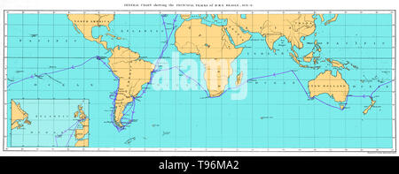Tracer la carte de voyage de H.M.S. Beagle, 1831-36. Le Beagle a effectué pendant le voyage de Charles Darwin qui a inspiré sa théorie de l'évolution. Charles Darwin (1809-1882) était un naturaliste et géologue. Banque D'Images