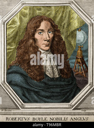 Robert Boyle (1627-1691) était un philosophe naturel, chimiste, physicien et inventeur. Il est considéré aujourd'hui comme le premier chimiste moderne, et l'un des pionniers de la méthode scientifique expérimentale moderne. Banque D'Images