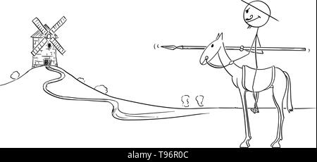 Vector cartoon stick figure illustration de Knight sur cheval avec moulin sur l'arrière-plan - Don Quijote, personnage de livre l'ingénieux hidalgo Sir Quichotte de la Manche, Miguel de Cervantes Illustration de Vecteur