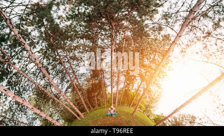 Young woman sitting on grass field panorama intéressant Banque D'Images