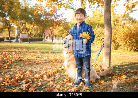 Cute boy with dog in autumn park Banque D'Images