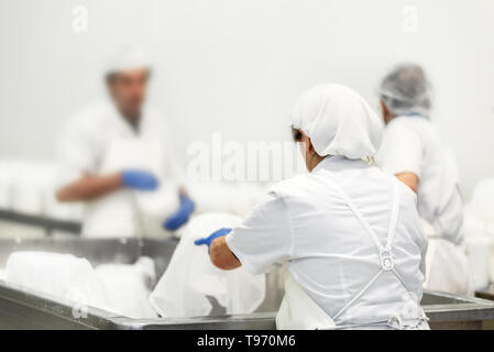 Méconnaissable des travailleurs dans une usine de transformation des aliments. Processus de production des produits laitiers Fromage . Banque D'Images