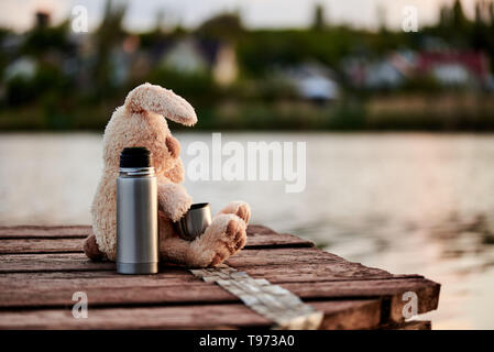 Mignon lapin doux avec un thermos sur le quai près du lac dans la lumière du soleil. Copier l'espace. Banque D'Images