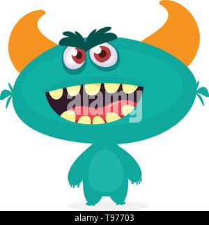 Heureux cool cartoon fat monster. Le bleu et le vecteur cornu caractère monster Illustration de Vecteur