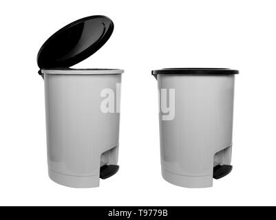 Poubelle en plastique noir avec isolé sur fond blanc avec chemin de détourage. Vue du côté gauche du vide gris Poubelle (Poubelle) pour nettoyer. Deux. Banque D'Images