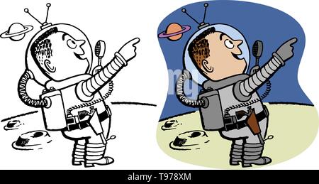 Un astronaute explore une étrange lune. Illustration de Vecteur