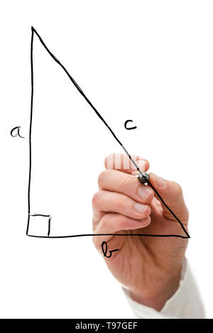 Droit de tirage enseignant triangle sur tableau blanc virtuel expliquant le théorème de Pythagore. Banque D'Images