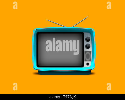 Vintage Retro Kitsch un plat de télévision couleur bleu clair sur un fond orange Banque D'Images