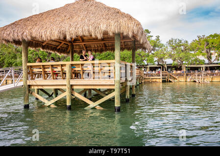 Couvert de chaume à quai des bouchons sur l'eau, un restaurant de fruits de mer locaux sur l'Intracoastal Waterway à Saint Augustine, en Floride. (USA) Banque D'Images