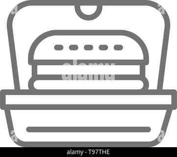 Burger dans l'emballage, l'icône de la ligne à emporter restauration rapide. Illustration de Vecteur