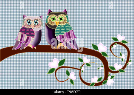 Illustration des 2 hiboux sur une branche. La direction générale s'épanouit en plein cœur de formes. Checkered Background. Banque D'Images