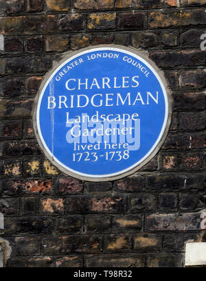 Grand Londres Blue plaque marquant une maison de jardinier paysagiste Charles Bridgeman 1723-1738 Broadwick Street, Soho, London, UK Banque D'Images
