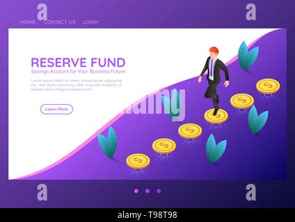Bannière web 3D isométrique businessman walking sur les pièces que flottant au-dessus du sol. Le fonds de réserve et la landing page financière concept. Illustration de Vecteur