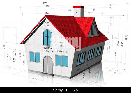 3D illustration. Chambre avec les mesures, projet de construction isolé sur fond blanc. Banque D'Images