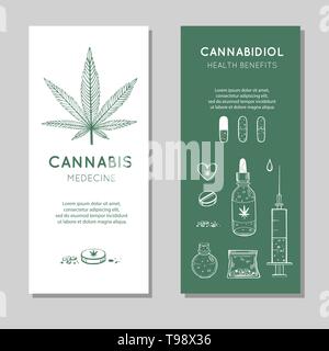 Avantages pour la santé contexte vecteur cannabidiol, bannières. Infographie dessiné à la main ensemble de cannabis, de marijuana médicale. Comprimés, flacons, d'huile et d'autres Illustration de Vecteur