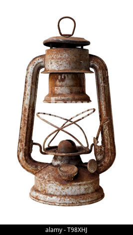 Objet isolé : old rusty lampe à pétrole, gros plan, sur fond blanc Banque D'Images