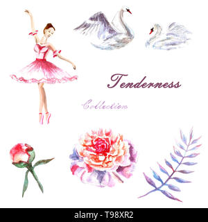 Ensemble de ballerine aquarelle peinte à la main, de cygnes, de pivoines, de rameau. Ensemble parfait pour tendre femelle invitation festive et carte de vœux. Banque D'Images