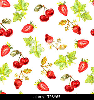 Modèle transparent avec des feuilles peintes à la main à l'aquarelle, fraises, cerises. Toile d'été lumineux parfait pour textile tissu ou papier d'emballage. Banque D'Images