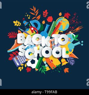 Retour à l'école bandeau web, illustration pour enfants colorés avec des fournitures de classe et heureux typographie citer. Illustration de Vecteur