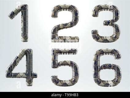 Alphabet en céramique - Set de rendu 3D- numéro 1 à 6 isolé sur fond blanc isolé sur fond blanc (inclut les masques d'écrêtage) Banque D'Images