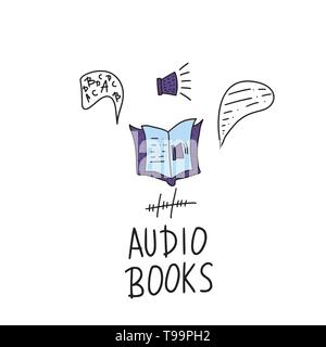 Livres audio concept. L'emblème de symboles de livres audio avec lettrage. Vector illustration. Illustration de Vecteur