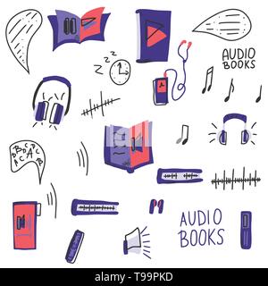 Livres audio concept. Ensemble de symboles livre audio avec lettrage. Vector illustration. Illustration de Vecteur