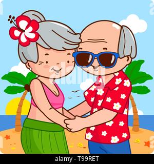 Couple de personnes âgées au Tropical Beach, sur une île. Vector illustration Illustration de Vecteur