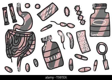 Le concept des probiotiques. Ensemble de traitement des symboles du système digestif. Vector illustration. Illustration de Vecteur