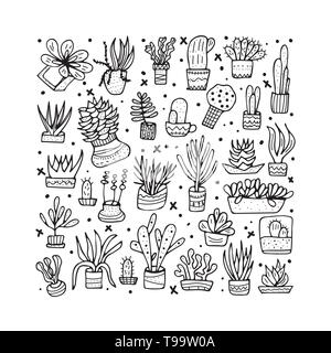 Plantes Succulentes dans doodle style. Ensemble de plantes d'intérieur. La composition de l'affiche, bannière. Vector illustration design noir et blanc. Illustration de Vecteur