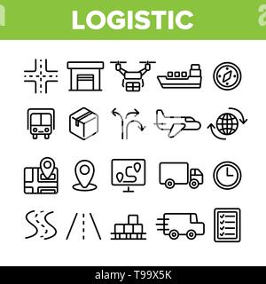 Global Logistic Ministère vecteur linéaire Icons Set. La gestion logistique, service de livraison fine ligne Symboles Contour Pack. Entreprise de distribution Pictog Illustration de Vecteur