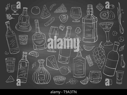 Ensemble de main drwan alcool différentes boissons et bouteilles sur tableau. Illustration de Vecteur