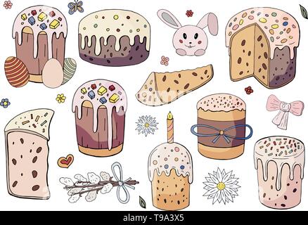 Joyeuses Pâques vacances. Gâteaux de Pâques, de saules, de rameaux et des éléments de lapin Illustration de Vecteur