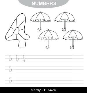 Jeu éducatif - l'apprentissage des chiffres. Livre de coloriage pour les enfants d'âge préscolaire. La pratique d'écriture - feuille imprimable au préscolaire. Numéro Quatre Illustration de Vecteur