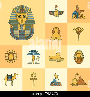 Vector illustration colorée de Toutankhamon des masques avec différentes icônes de sites et symboles de l'Égypte isolé sur fond. Ensemble d'icônes autour d'illust Illustration de Vecteur