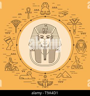 Illustration Vecteur de Toutankhamon des masques avec différentes icônes de sites et symboles de l'Égypte isolé sur fond. Ensemble d'icônes autour de l'illustration dr Illustration de Vecteur