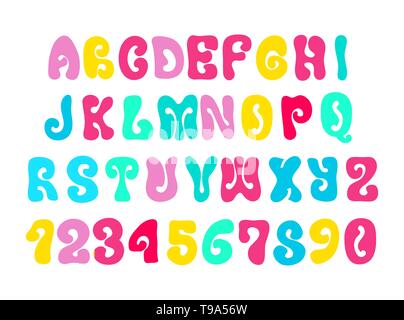 Alphabet hippie psychédélique colorés sur fond blanc Illustration de Vecteur