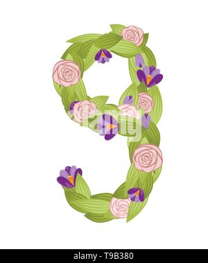 Numéro neuf. Caricature flower font du design. Numéro 9 avec des fleurs et des feuilles. Télévision vector illustration isolé sur fond blanc. Illustration de Vecteur