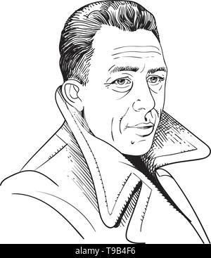 Albert Camus était un philosophe français, auteur et journaliste, portrait d'art de la ligne. Vector Illustration de Vecteur