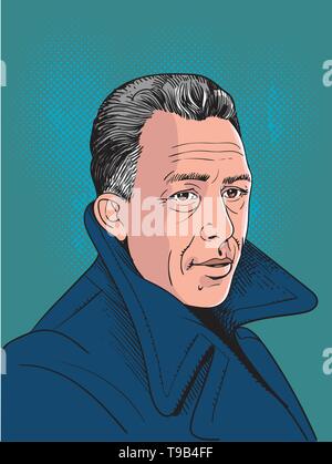 Albert Camus était un philosophe français, auteur et journaliste, portrait d'art de la ligne. Vector Illustration de Vecteur