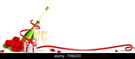 Fond romantique pour la Saint-Valentin avec deux verres de champagne, roses et boîte-cadeau Illustration de Vecteur