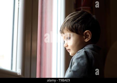 Baby Boy looking through glass window Banque D'Images