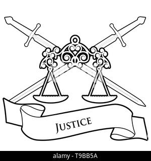 Symboles de la Justice. Échelle et deux épées croisées, isolé sur fond blanc. Bannière de texte Illustration de Vecteur