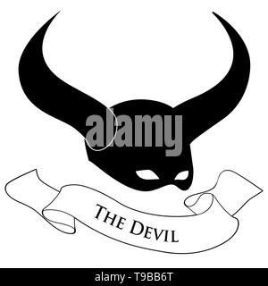 Concept de carte de tarot. Diable. Masque à cornes. Costume et bannière de texte isolé sur fond blanc. Illustration de Vecteur