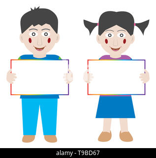 Happy boy and a happy girl holding blank banner pour votre texte Banque D'Images