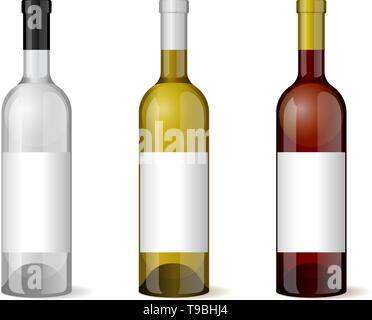 Bouteille de vin en 3D réaliste avec blank white label paramétrage du modèle pour l'industrie du design. Illustration vecteur EPS10 Illustration de Vecteur
