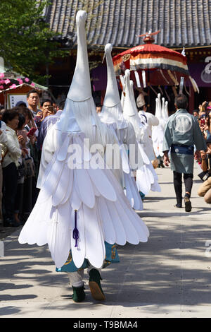 Les jeunes femmes Japonaises vêtues comme les aigrettes (白鷺, shirasagi, héron blanc) pour une aigrette traditionnelle danse exécutée au cours du Sanja Matsuri Festival, Tokyo. Banque D'Images